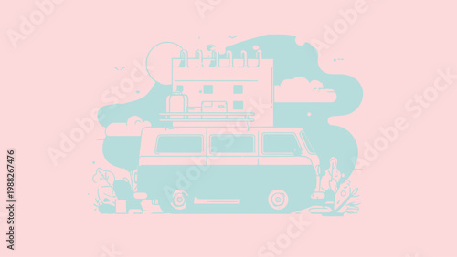 Retro camper van loaded with luggage ready for an adventurous road trip in a minimalist vector illustration style