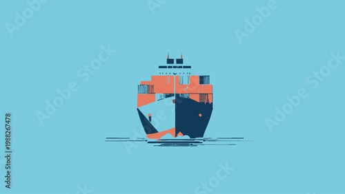 Front view of a large cargo ship at sea, carrying shipping containers on a calm blue background
