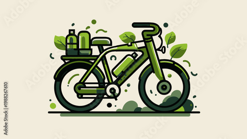 Eco-friendly electric bicycle with green bottles and leaves, representing sustainable transportation and healthy lifestyle choices