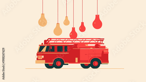Bright Red Fire Truck with Hanging Light Bulbs Illustration on a Pale Background