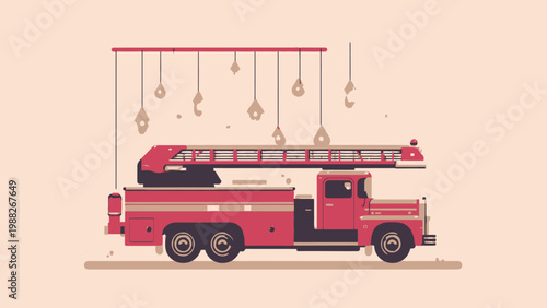 Vintage Fire Engine Truck Illustration with Hanging Elements Above