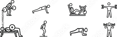 Set of gym workout and fitness exercise icons featuring stick figures performing weightlifting