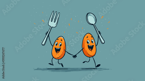 Two happy eggs holding hands and a fork and spoon, a joyful celebration of breakfast and delicious food
