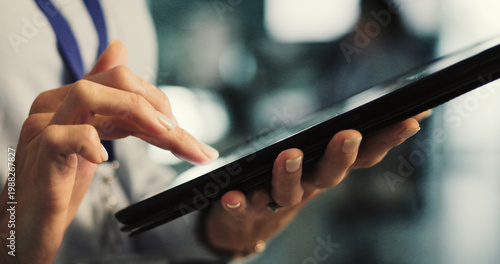 Tableau sur toile Hands, programmer or woman with tablet in office, ai system prototyping or server integration planning