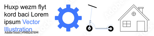 Mobility, innovation, sustainability, transportation, housing, infrastructure. Blue gear wheel, electric scooter and house outline arranged together. Mobility and innovation concept