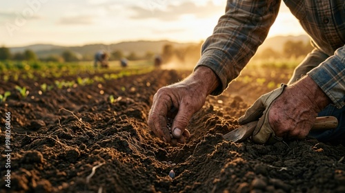 Close up of a farmer's hands sowing seeds into fertile soil in a tilled field at sunset