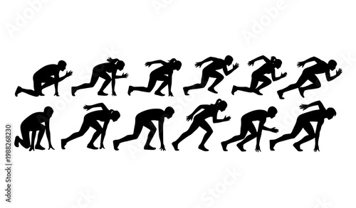 Runner silhouette set with male and female sprint start poses in lineup vector isolated on white background