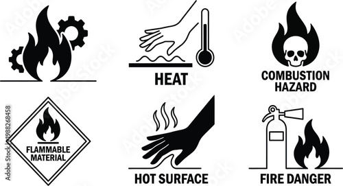 Industrial fire safety icons set with flammable material combustion hazard hot surface and heat warning symbols black vector silhouettes