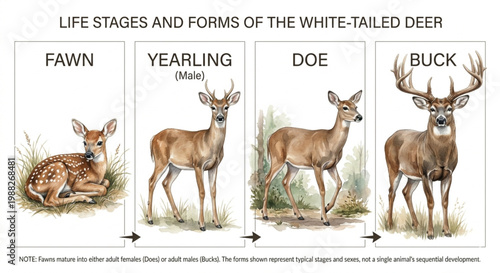 Watercolor Deer Growth Stages: Fawn to Adult Buck