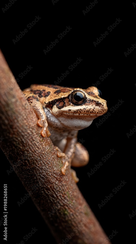 Fototapeta premium A sharp close-up of a frog perched on a branch against a dark background