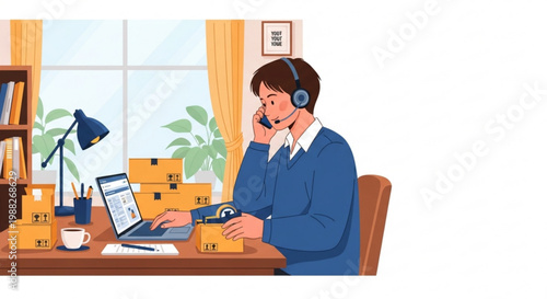 Man with headset working on laptop surrounded by shipping boxes concept for e-commerce and customer support illustration