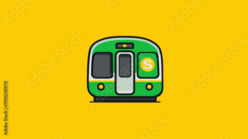 Green public transport train icon with yellow background representing efficient urban travel and commute