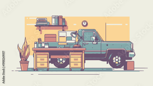 Clean flat vector artwork depicting a portable office on wheels, transforming a pickup truck bed into a productive remote work environment