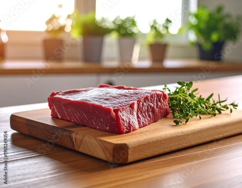 Raw steak on a wooden cutting board in a kitchen