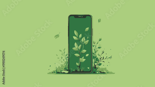 Smartphone screen displaying a plant growing from technology in a green eco-friendly concept illustration