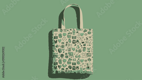 Sustainable canvas tote bag with charming minimalist icon pattern, ideal for eco-friendly lifestyle and everyday errands