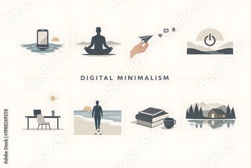 Minimalist Lifestyle Concepts: Digital Detox, Wellbeing, Nature Connection, and Simple Living Icons