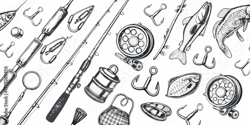 Vintage style illustration of fishing gear hooks and freshwater fish
