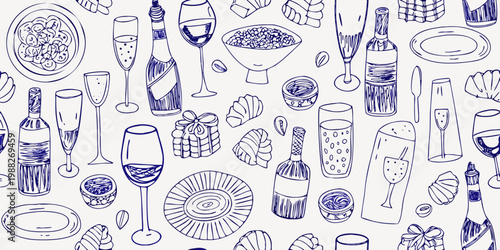 Seamless pattern of sketched food drinks and festive elements