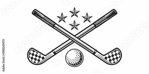 Vintage lacrosse sticks ball and stars in a black and white illustration