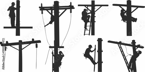 Silhouetted linemen working on utility poles and electrical infrastructure