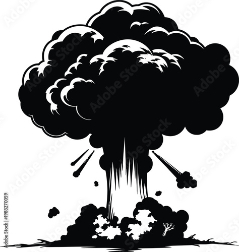 Illustration of a black and white explosion cloud with debris and smoke emanating from the ground, depicting a powerful and destructive event