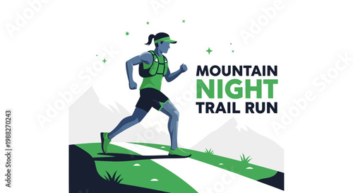 Night Trail Runner on Mountain Path During a Race Under Sparkling Stars in Illustration