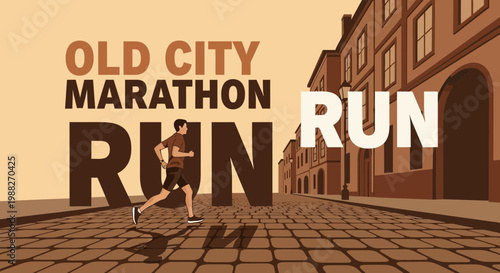 Old City Marathon Runner Sprinting Through Historic Streets At Sunset, Sports Illustration