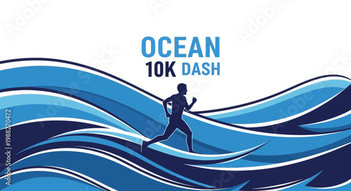 Ocean 10K Dash: Running Through Blue Waves, Active Silhouette, Event Graphic, Abstract Design