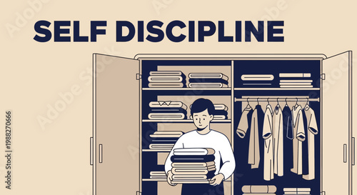 Organized Wardrobe Reflects Self-Discipline in Action with Man Holding Clothes After Fold