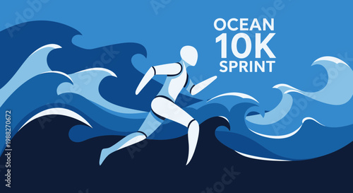 Ocean Sprint Event with Minimalist Figure Racing Through Turbulent Water Waves