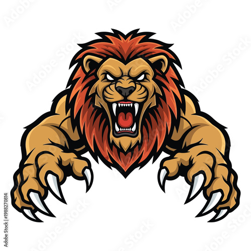 Fierce Lion Mascot Ready to Pounce with Sharp Claws and Open Roaring Mouth Illustration