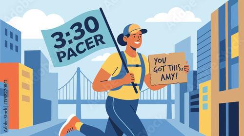 Marathon Runner Inspired Illustration, Supportive Pacer Cheering On A City Race Participant