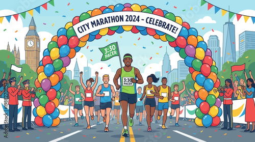 City Marathon 2024 Celebration with Runners Cheering and Passing Through Balloon Arch