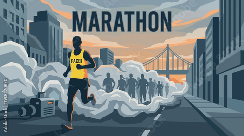 Energetic Marathon Runner Leading the Race Amidst Urban City Skyline View