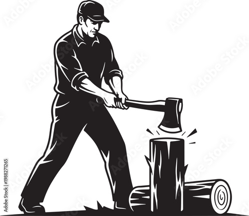 Vintage lumberjack woodcutter splitting logs with axe, retro woodchopper man chopping firewood, black and white woodcut style vector illustration