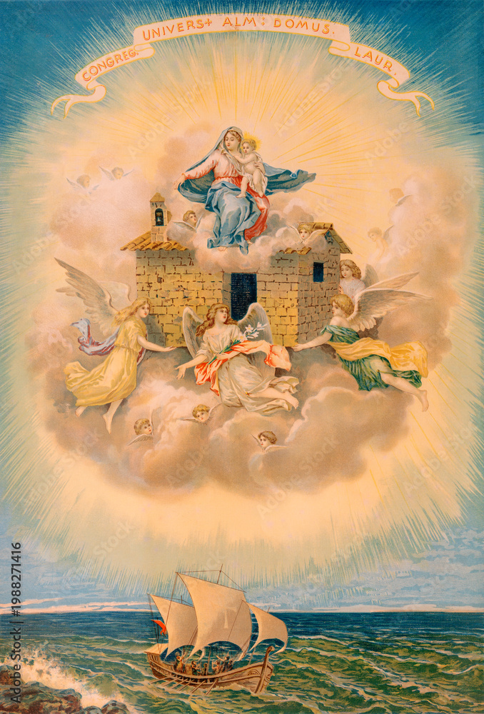 Fototapeta premium VERCELLI, ITALY - JANUARY 16, 2026: The old print Angels carry the Nazareth house of the Holy Family (Loretto House) in the church Cattedrale di San Eusebio by unknown artist from and of 19. cent.