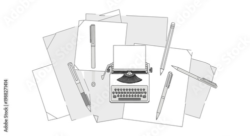 A cluttered desk with papers, pens, and a typewriter arranged chaotically indoors.