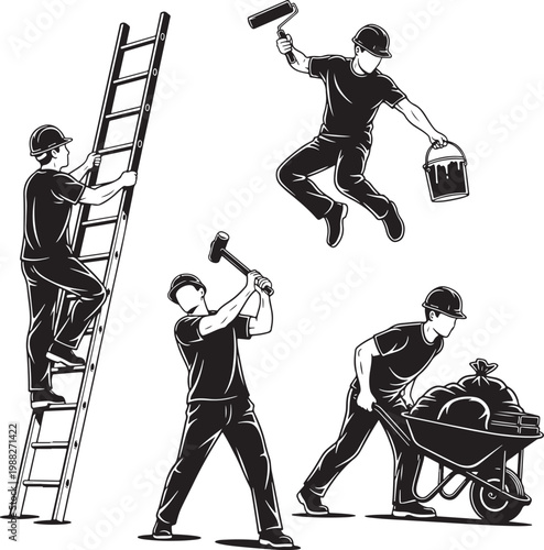 Construction worker vector set, professional handyman characters in black and white, industrial labor icons for renovation and building services