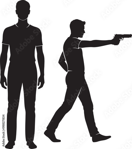 Black silhouette of man with gun, male shooter aiming pistol vector, standing person and gunman profile icons, crime and self defense graphics