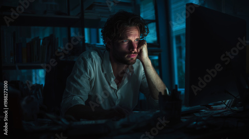 exhausted office worker at night, messy desk, dark room, computer light only, stressed expression, photo style