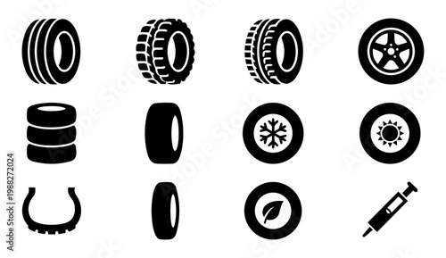 Tyre and Wheel Silhouettes Set – Summer, Winter, All Season Tires, Rim Icons