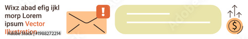 Communication, email alerts, financial growth, digital marketing, notifications, online transactions. Envelope icon with alert, text field and rising dollar symbol. Communication and financial