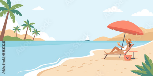Woman relaxing on a lounge chair under a beach umbrella with a cool drink. Tropical seaside vacation at the ocean coast. Summer holiday leisure and travel concept in flat vector style.
