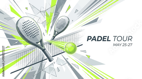 Dynamic Padel Tournament Illustration With Rackets, Net, And Modern Graphic Design Elements