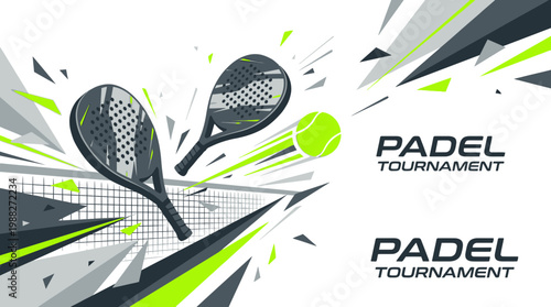 Dynamic Padel Tournament Illustration: Rackets, Ball, Net Amid Geometric Colorful Design