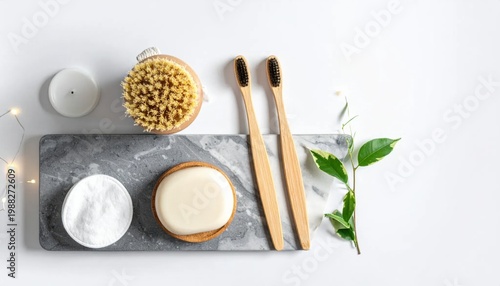 flat lay composition with bamboo toothbrushes, natural soap, wooden brush, skincare accessories, spa relaxation routine, zero waste bathroom lifestyle