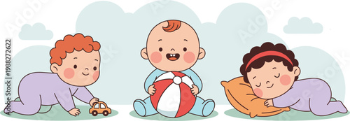 Adorable cartoon vector illustration of three diverse babies playing with toys and resting peacefully in cheerful pastel background