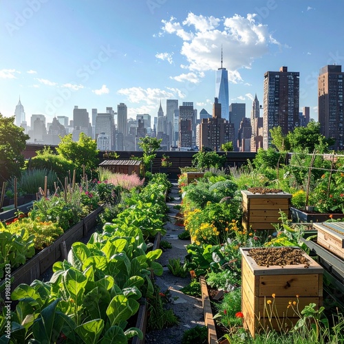 Urban rooftop vegetable garden with wooden beehives and blooming flowers overlooking modern city skyline, sustainable agriculture, food security