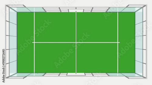 Overhead Perspective of a Modern Padel Court, Featuring Bright Green Turf and Glass